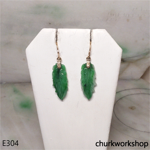 14K green jade leaf earrings