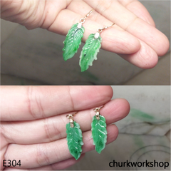 14K green jade leaf earrings