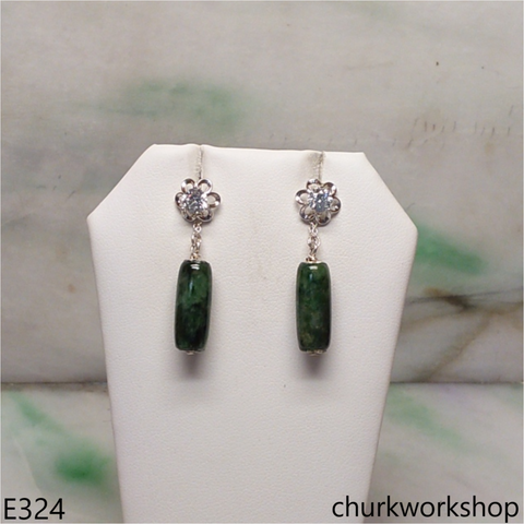 Green jade long beads silver earrings