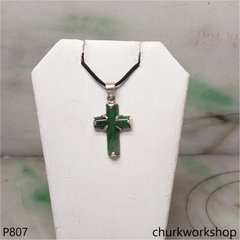 Sterling silver dark green jade cross pendant