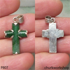 Sterling silver dark green jade cross pendant