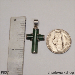 Sterling silver dark green jade cross pendant