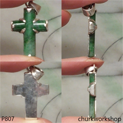 Sterling silver dark green jade cross pendant