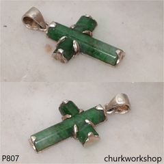 Sterling silver dark green jade cross pendant