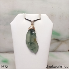 Bluish green jade leaf pendant in 14k gold