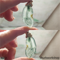 Bluish green jade leaf pendant in 14k gold