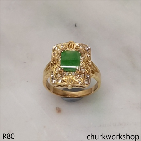 18K yellow gold diamond green jade ring