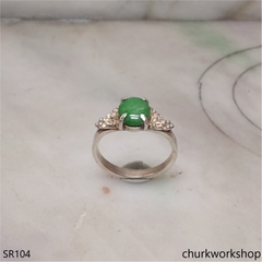 Silver green oval jade ring