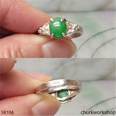 Silver green oval jade ring