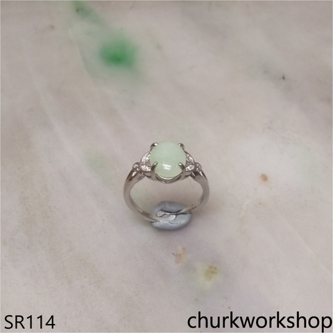 Light green jade oval sterling silver ring