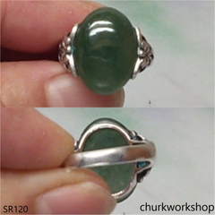 Dark bluish green oval jade ring