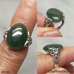 Dark bluish green oval jade ring