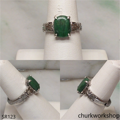 Silver dark green jade ring