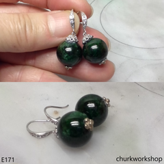 Dark green jade bead earrings sterling silver