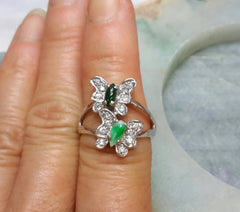 Natural color jade butterfly silver ring