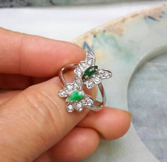 Natural color jade butterfly silver ring