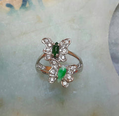 Natural color jade butterfly silver ring