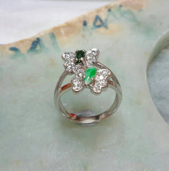 Natural color jade butterfly silver ring